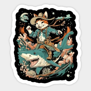 Cat Riding Shark Underwater Odyssey Sticker